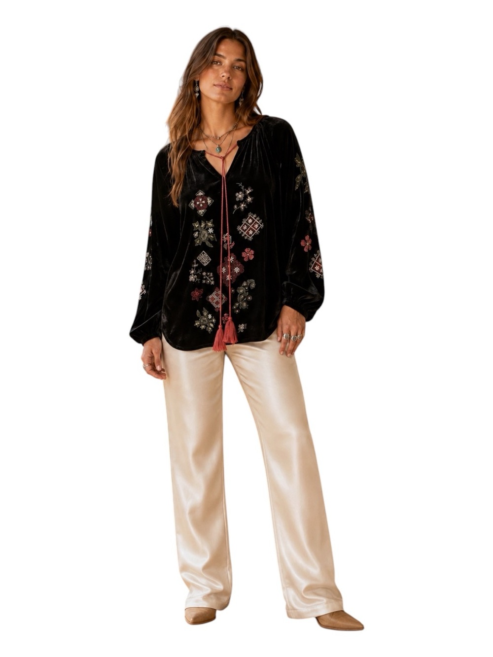 Embroidered Black Velvet Boho Peasant Blouse | Tassel Tie Top | Women’s Small